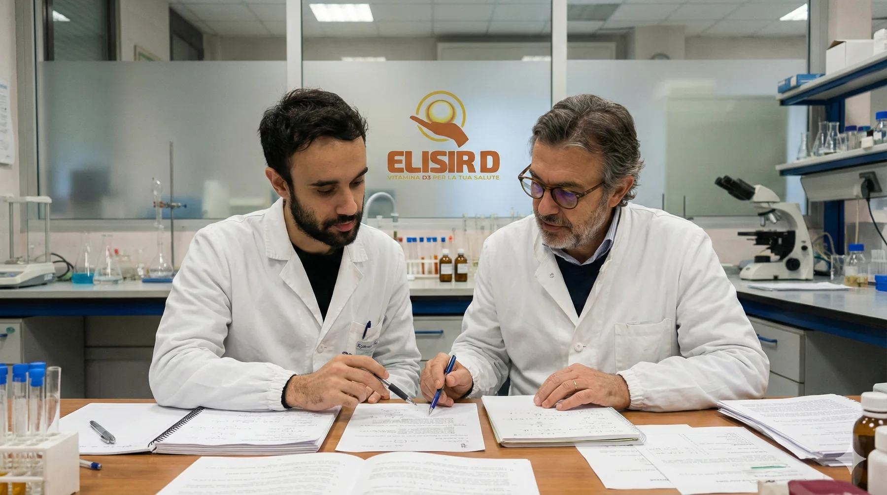 Edoardo Colombo y el Dr. Leonardo Scanzano en el laboratorio