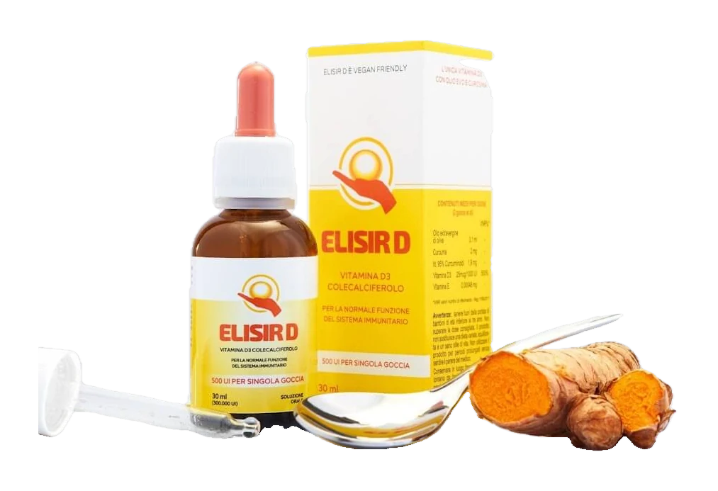Elisir D: frasco, estuche y raíz de cúrcuma